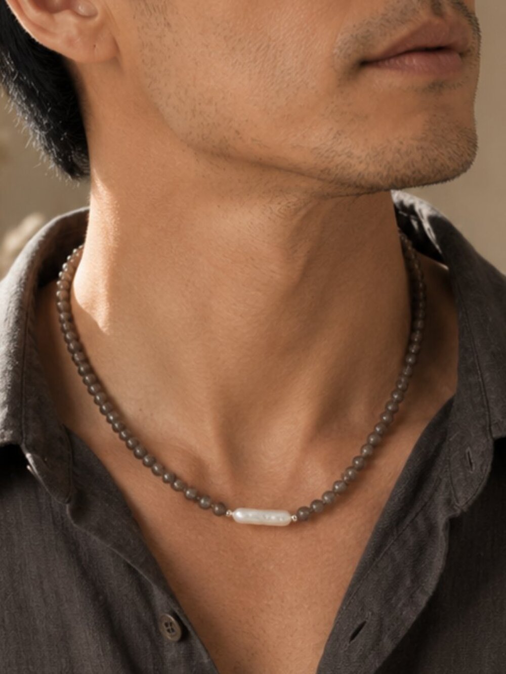 Unisex Grey Moonstone & Baroque Pearl Necklace | Natural Gemstone | Handmade